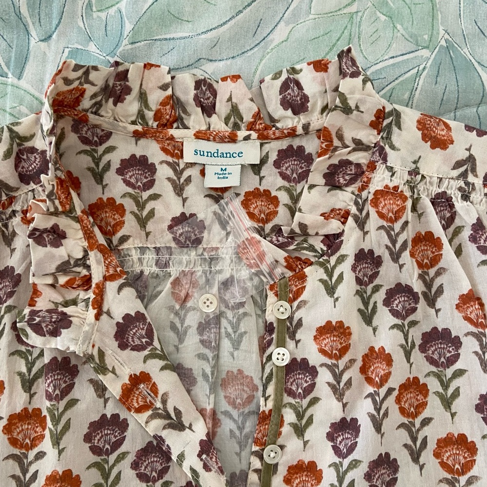 Sundance Ivory Floral Split-Neck Blouse with Orange and Purple Flowers - Picture 8 of 10